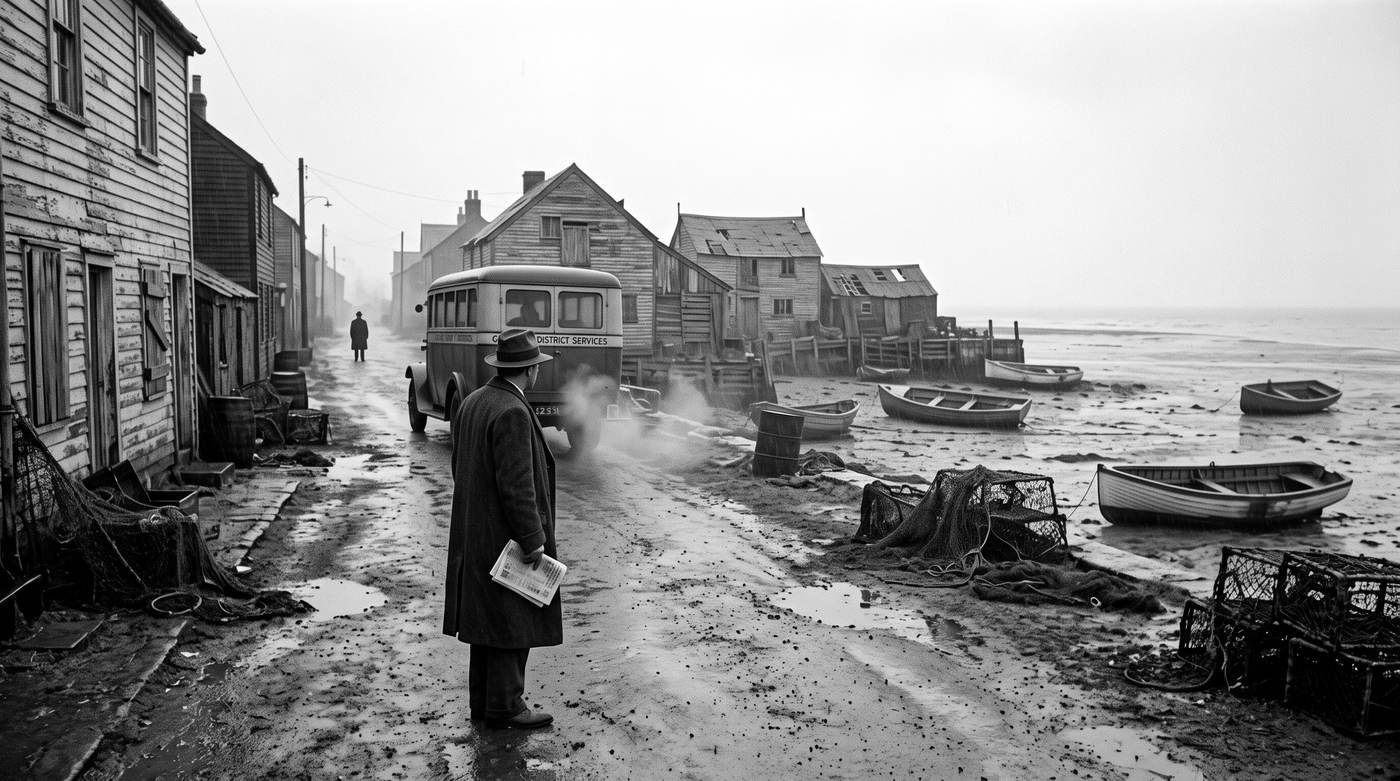 A man in a dark coat stands in the wet street of a fishing town, a telegram in his hand, as a bus pulls away.